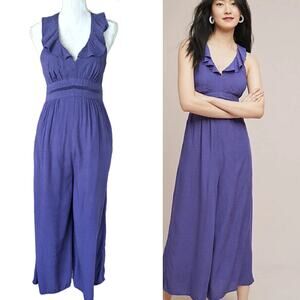 Anthropologie Maeve Syros Blue Polka Dot Wide Leg Ruffle V-neck Jumpsuit Size 6